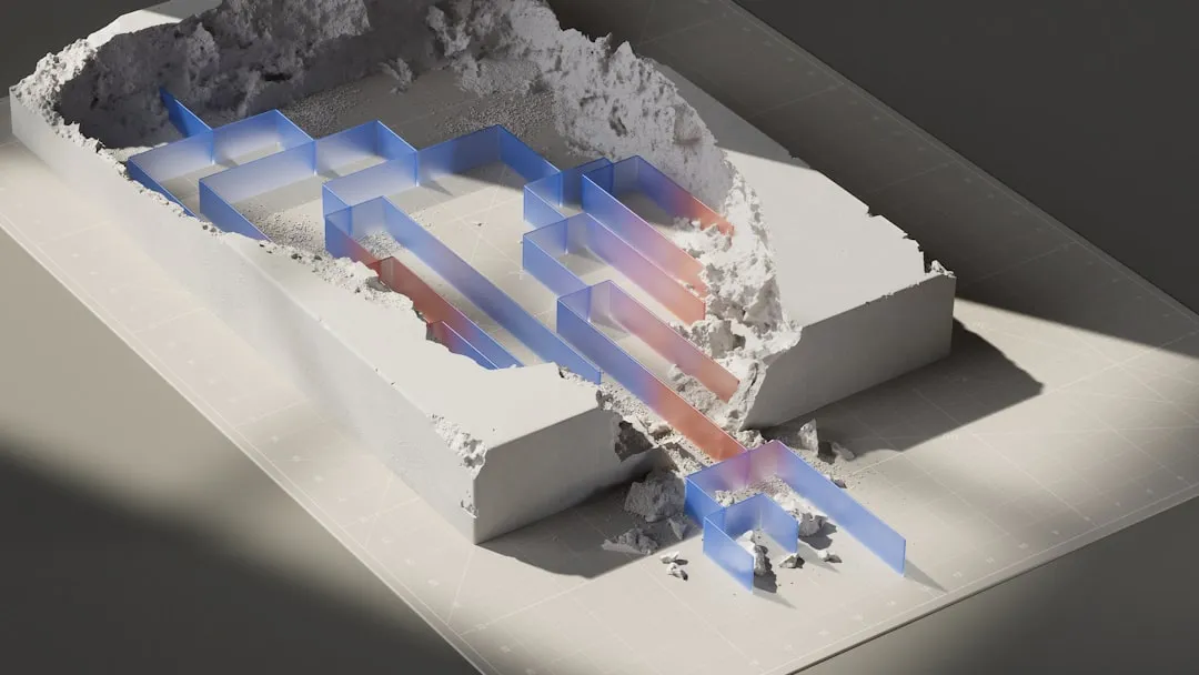 a cut in half picture of a building with blue and red arrows